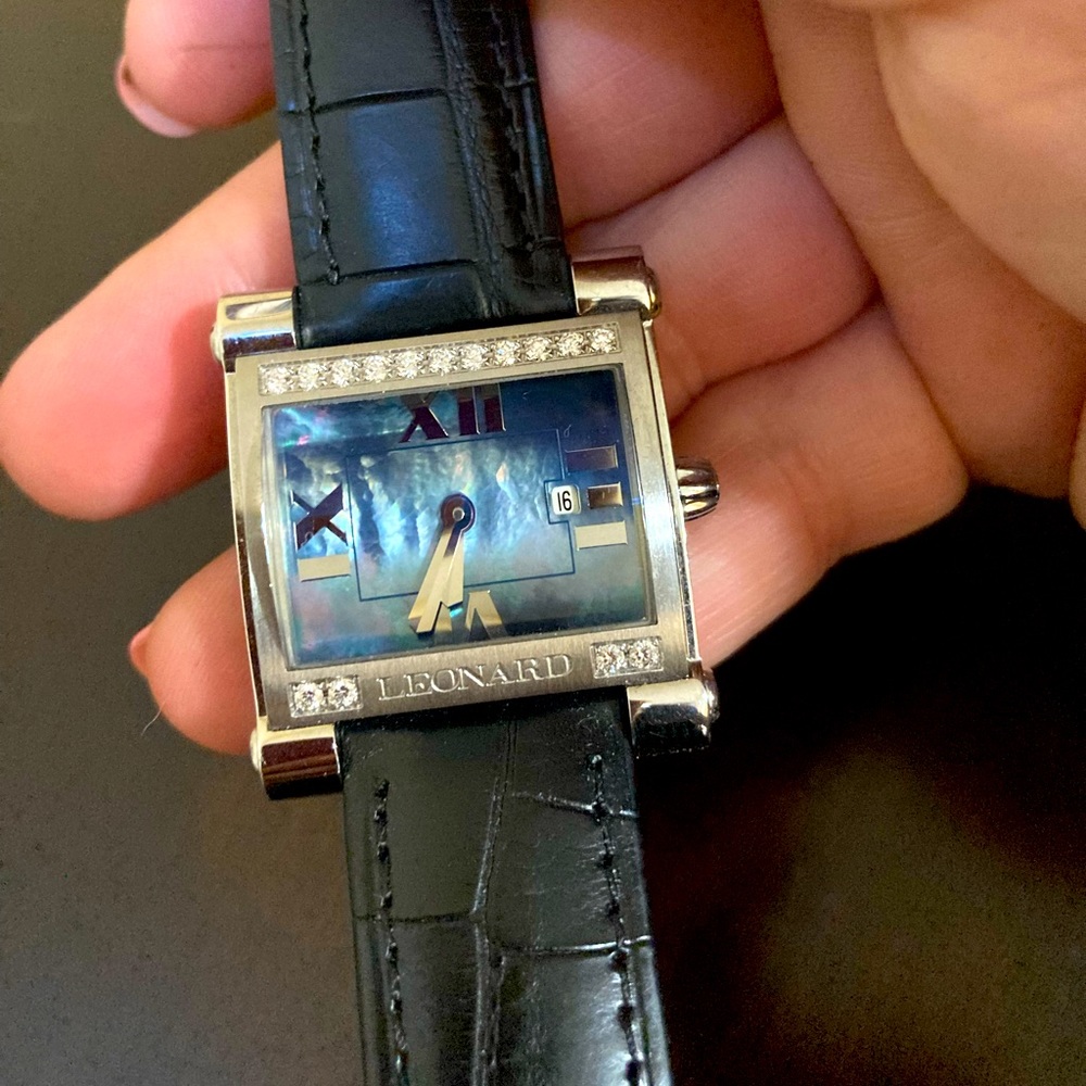 New LEONARD Watch .34 carats of Diamonds and Black Mother of Pearl Face